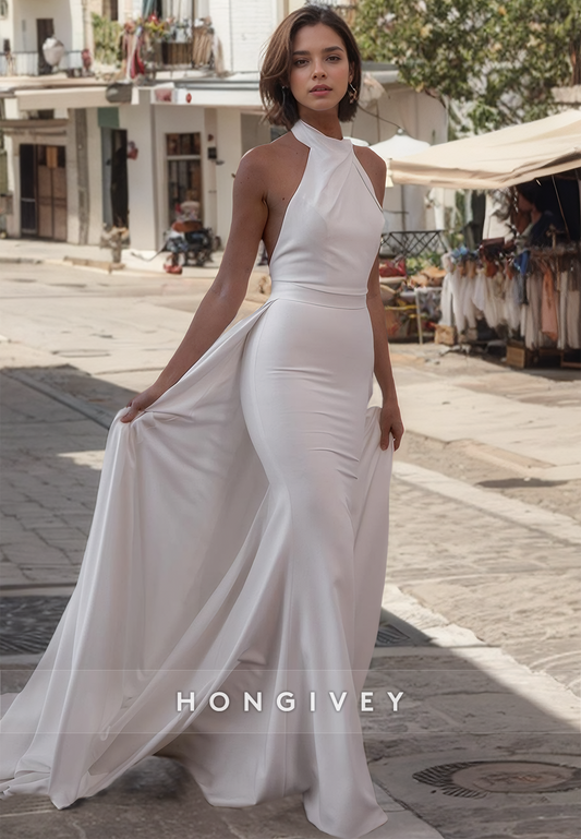 Sexy Satin Trumpet Halter Sleeveless Open Back Empire With Train Beach Wedding Dress