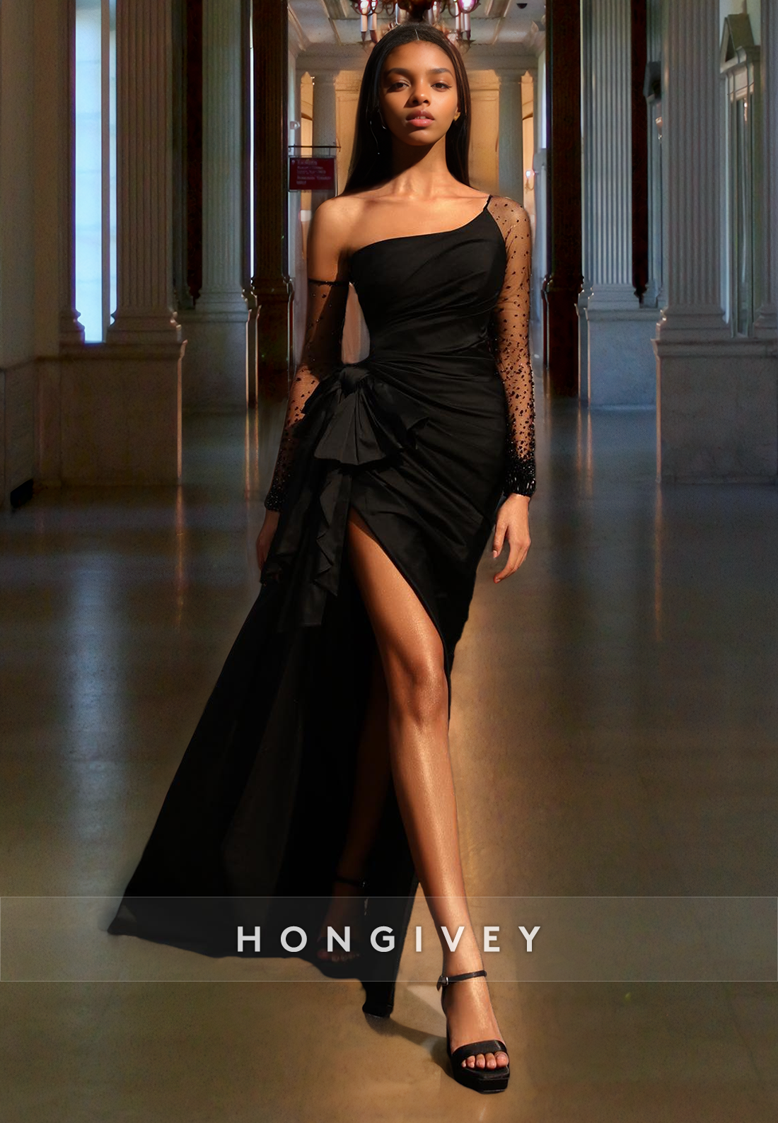 Luxurious Black Beaded Evening Dress with Long Mesh Sleeves Satin Prom Gown with Bow and High Splits