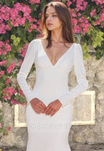 HONGIVEY V-Neck Long Sleeves Backless Buttons Mermaid Beach Wedding Dress