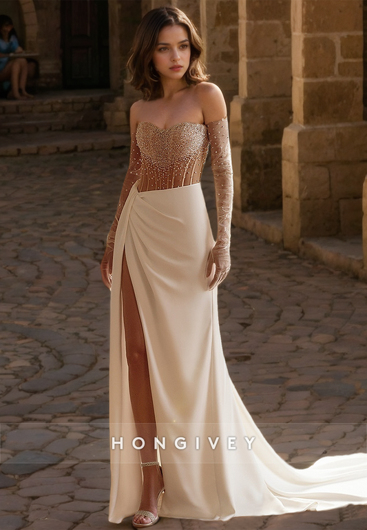 HONGIVEY Sparkle Sequined Beaded Wedding Dress with Train Side Slit Sleeves Bridal Dresses