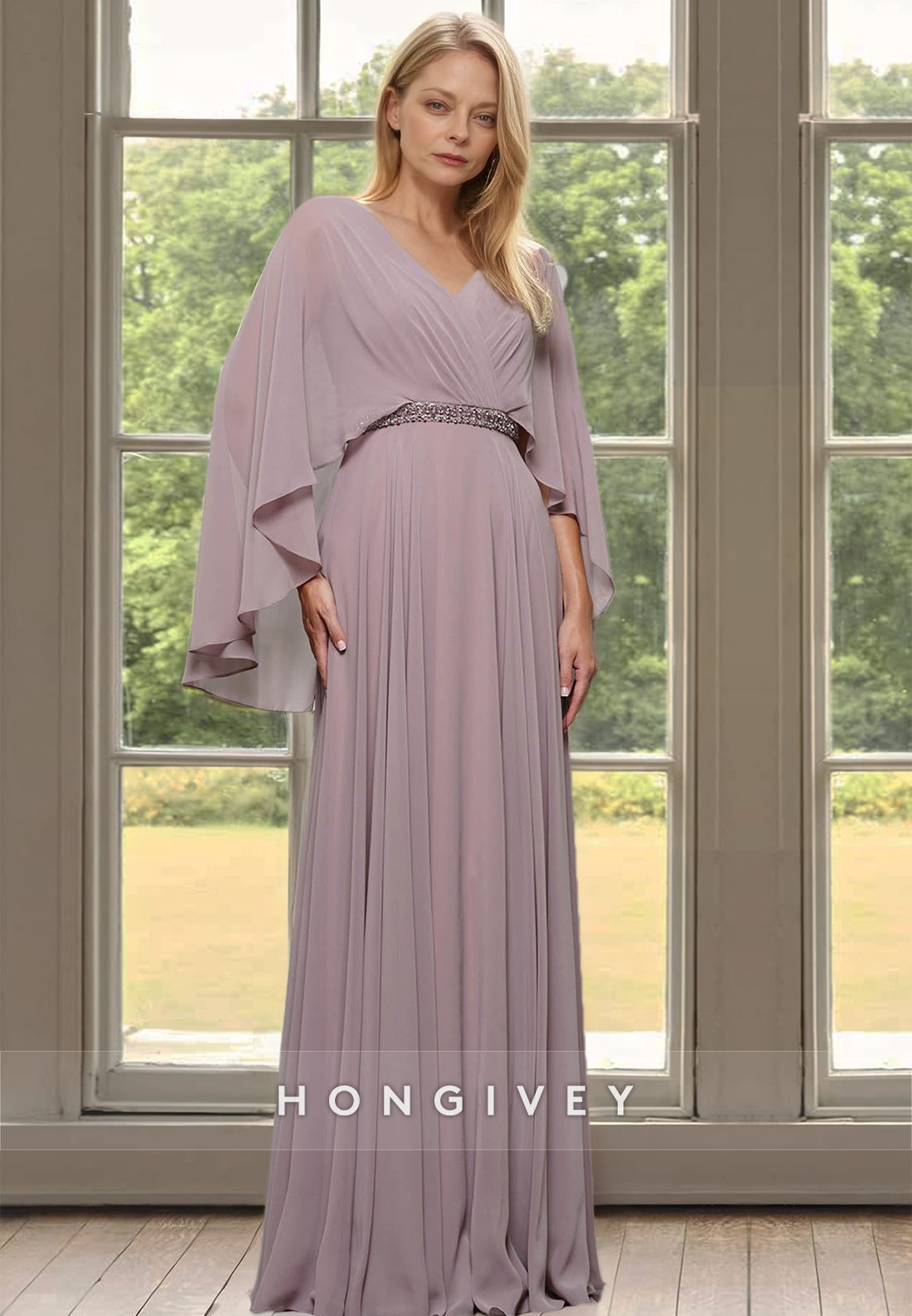 Chiffon Plus Size Long Sleeves Mother of the Bride Wedding Guest Dress