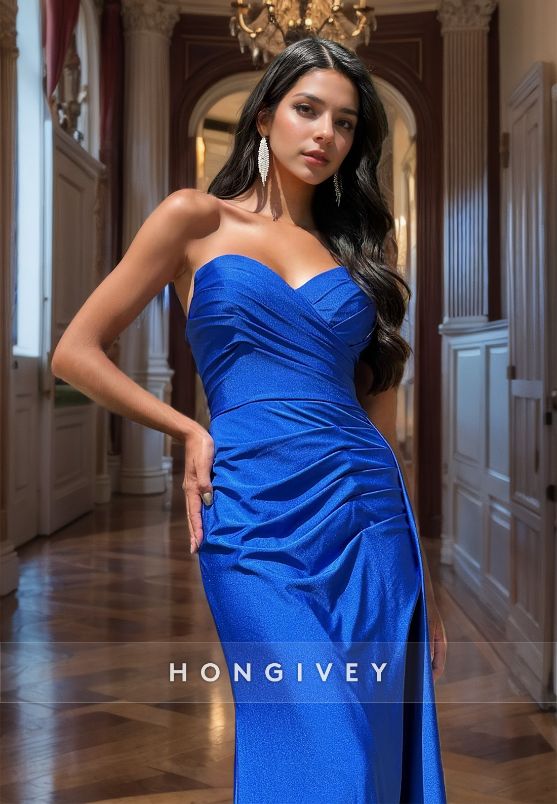 HONGIVEY Elegant Royal Blue Strapless Mermaid Evening Dress Formal Party Gown High Quality