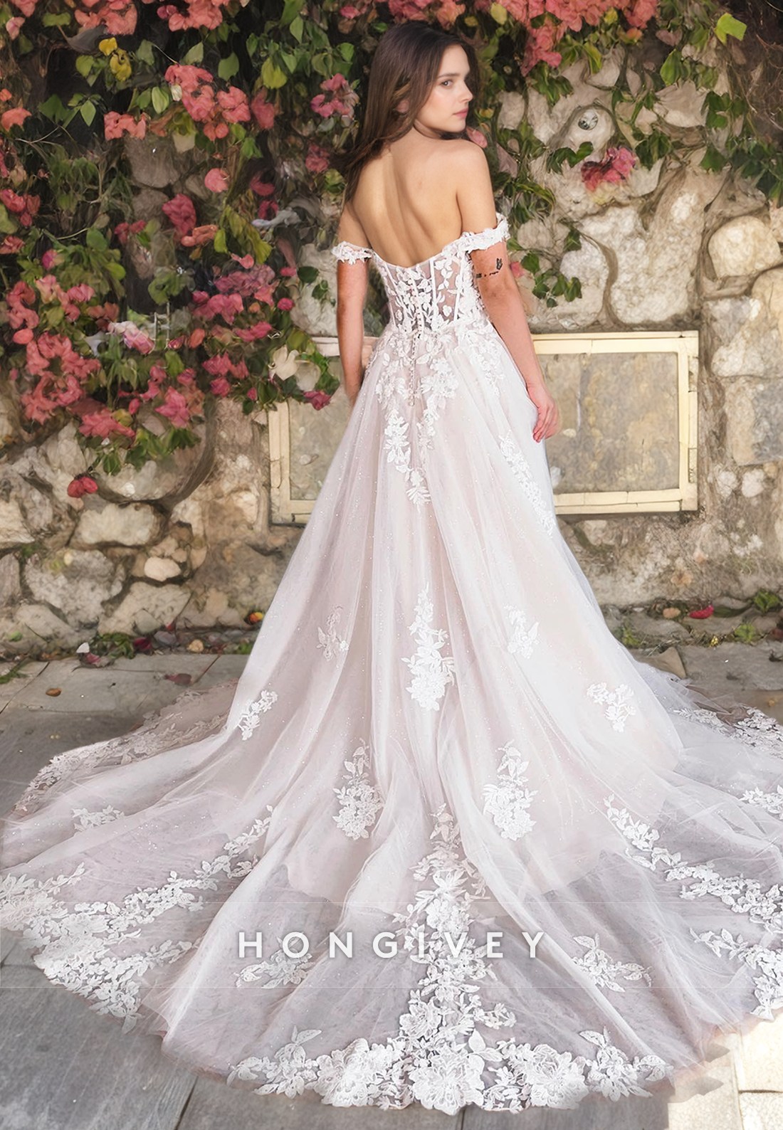 A-Line Applique Tulle Wedding Dress Off-Shoulder Side Slit with Train Bride Gown