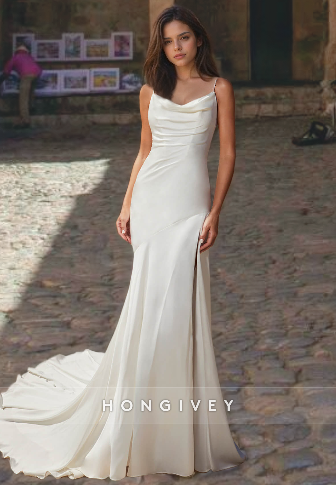 HONGIVEY Straps Sleeveless Sheath Satin Wedding Dress with Side Slit Classic Bride Gown