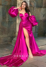 Luxury Sweetheart Orchid Satin Pleated Prom Dress Puffy Sleeves High Split Quinceanera Dress