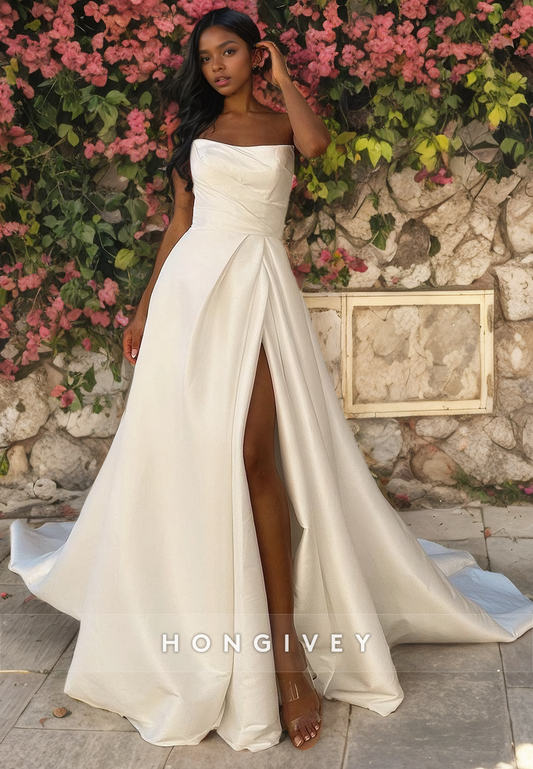 Simple Strapless Satin A-Line with Side Slit Wedding Dress Bride Gown