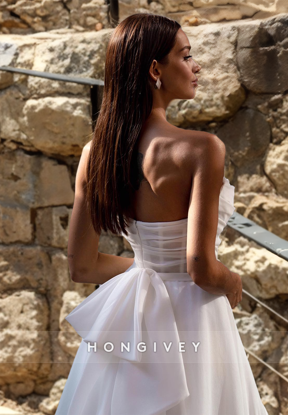 Illusion Strapless Lace-Up Back Bow Detail With Train And Slit Wedding Dress