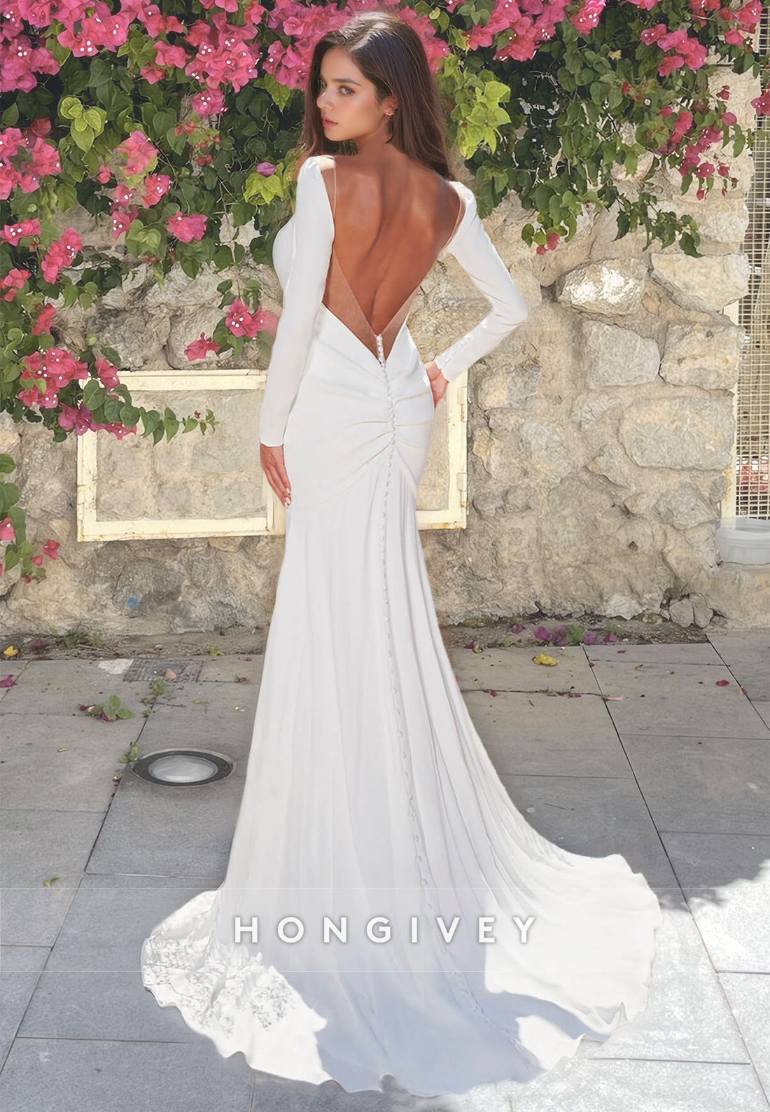 HONGIVEY V-Neck Long Sleeves Backless Buttons Mermaid Beach Wedding Dress