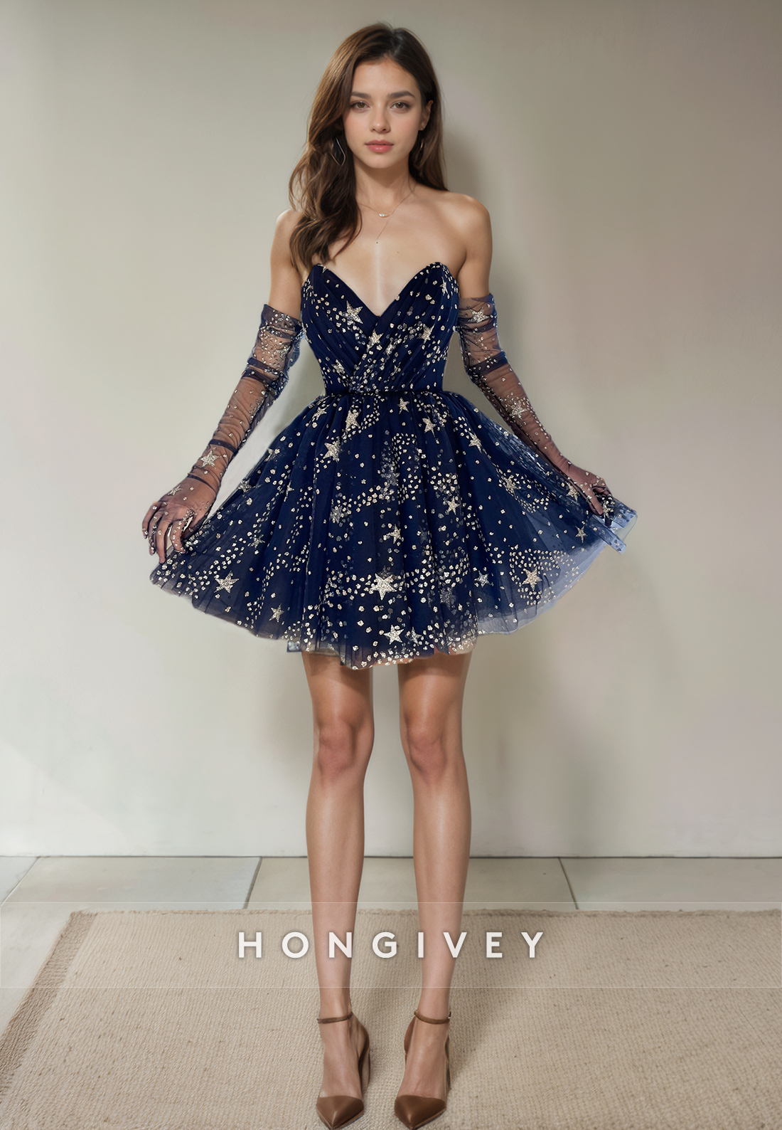 Tulle A-Line V-Neck Appliques Short Party Homecoming Dress