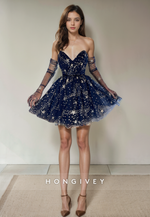 Tulle A-Line V-Neck Appliques Short Party Homecoming Dress