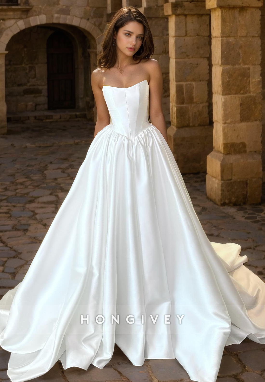 Satin A-Line Bateau Strapless Sleeveless With Train Wedding Dress