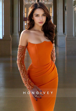 Fitted Orange Sexy Strapless Satin Formal Evening Dress Party Gown HONGIVEY