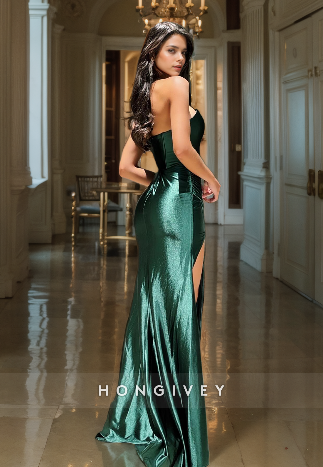 HONGIVEY Classic Strapless Evening Dress Simple Dark Green Sleeveless Side Slit Formal Gown