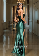 HONGIVEY Classic Strapless Evening Dress Simple Dark Green Sleeveless Side Slit Formal Gown