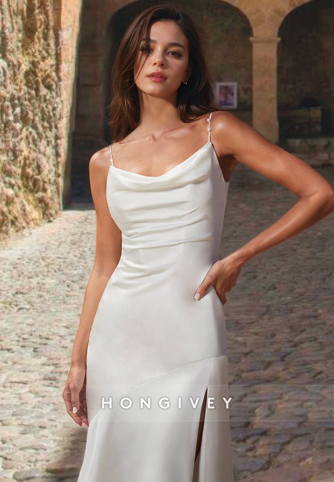 HONGIVEY Straps Sleeveless Sheath Satin Wedding Dress with Side Slit Classic Bride Gown