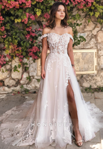 A-Line Applique Tulle Wedding Dress Off-Shoulder Side Slit with Train Bride Gown