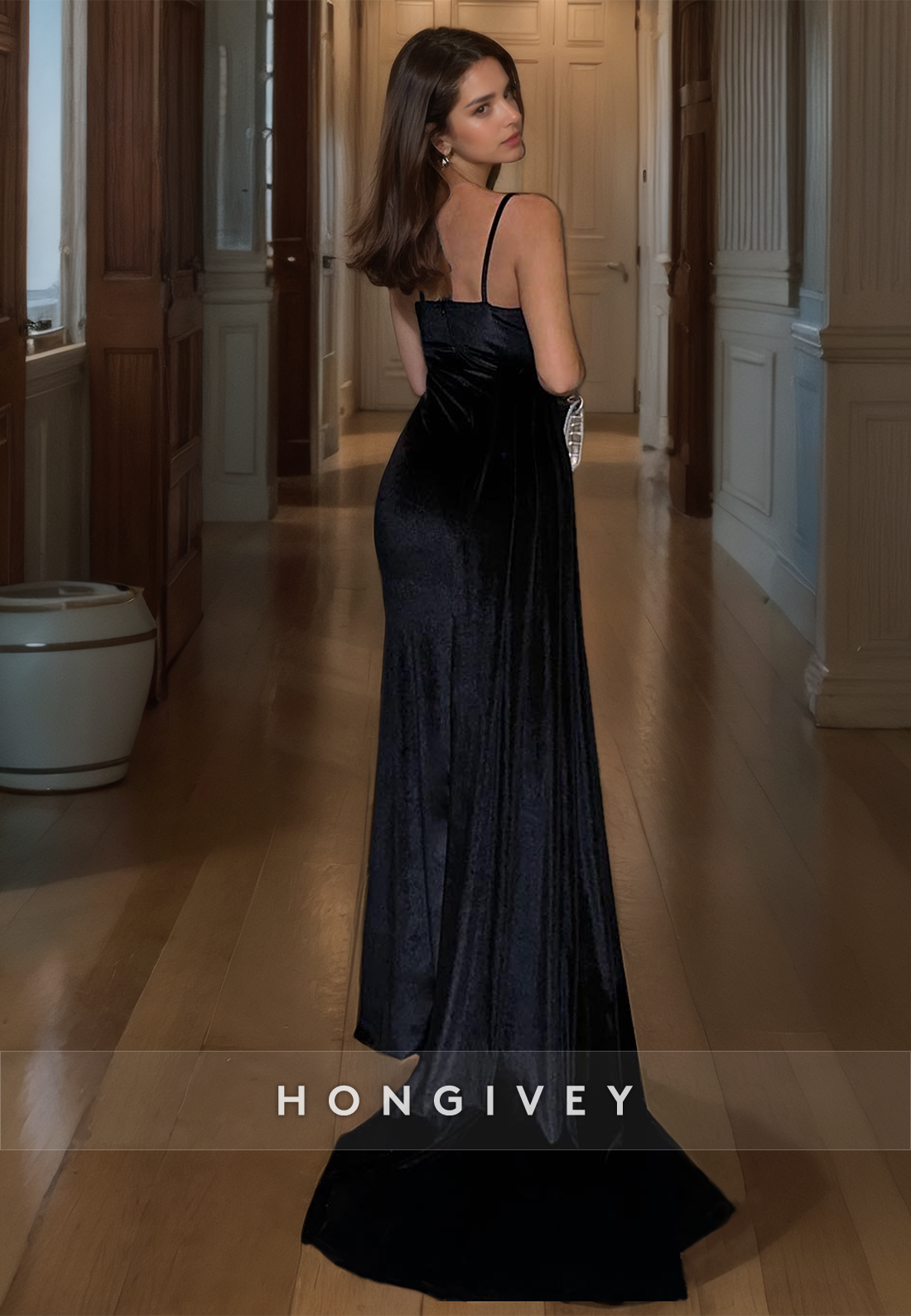 HONGIVEY Black Straps Side Slit Sheath Satin Evening Dress with Train Formal Gown