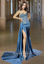 Blue Spaghetti Straps Sheer Applique with Slit Formal Evening Dress Party Gown