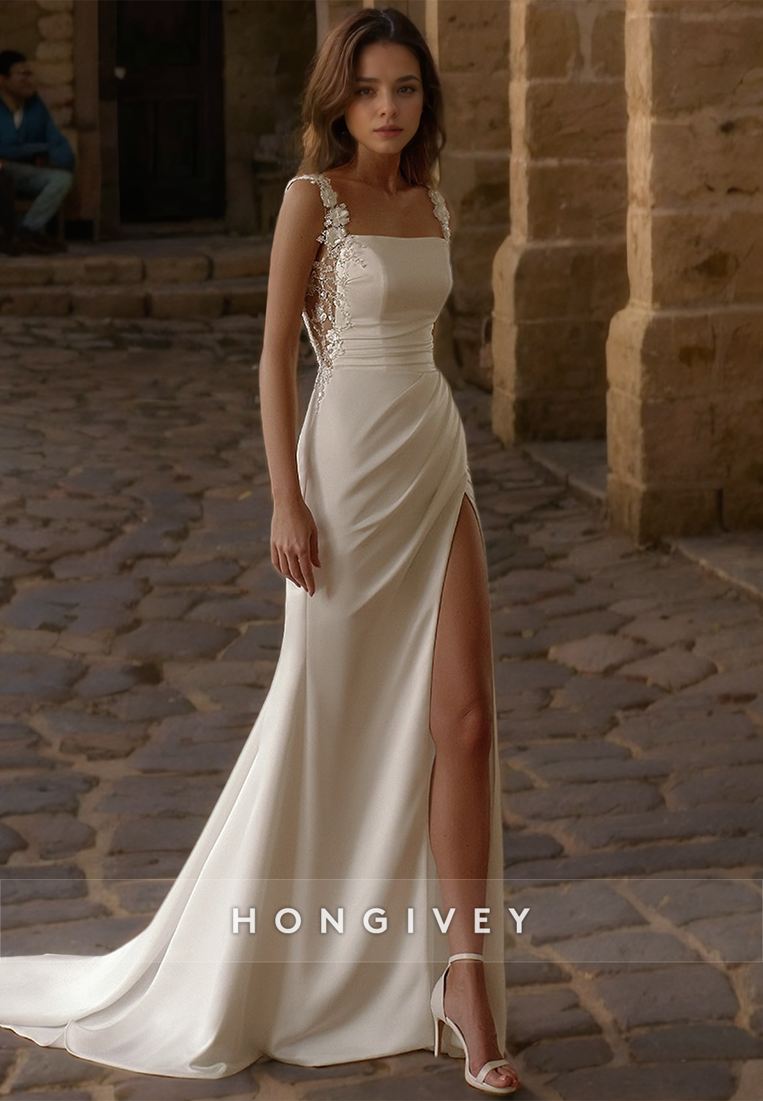 HONGIVEY Square Floral Wedding Dress Straps Side Slit Satin Bride Gown with Train