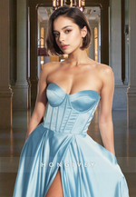 Simple Sky Blue Spaghetti Straps A-Line Long with Slit Prom Dress Ball Gown