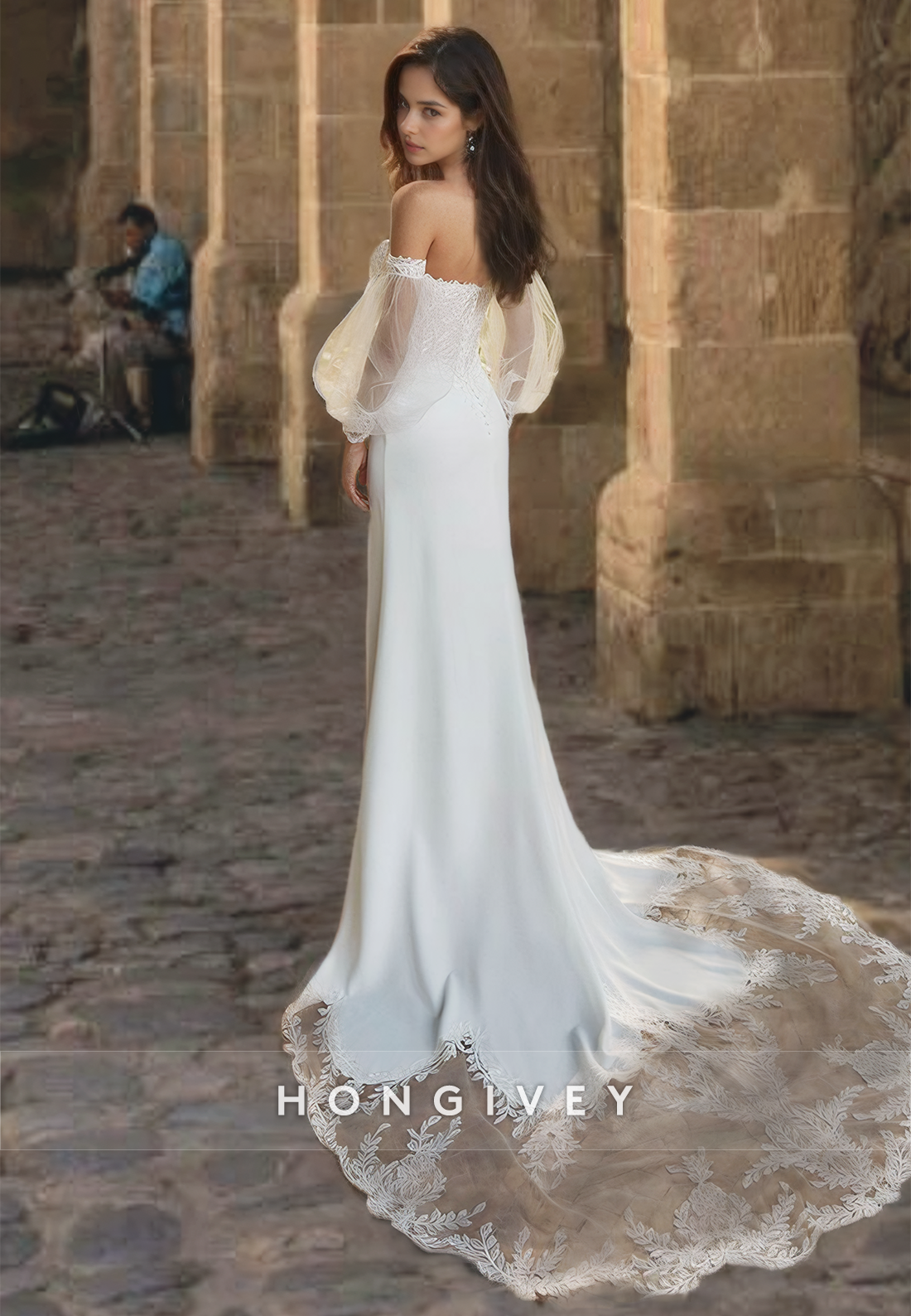 HONGIVEY Sweet Strapless Applique Wedding Dress Sleeves with Train Sheath Bride Gown