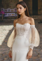 HONGIVEY Sweet Strapless Applique Wedding Dress Sleeves with Train Sheath Bride Gown