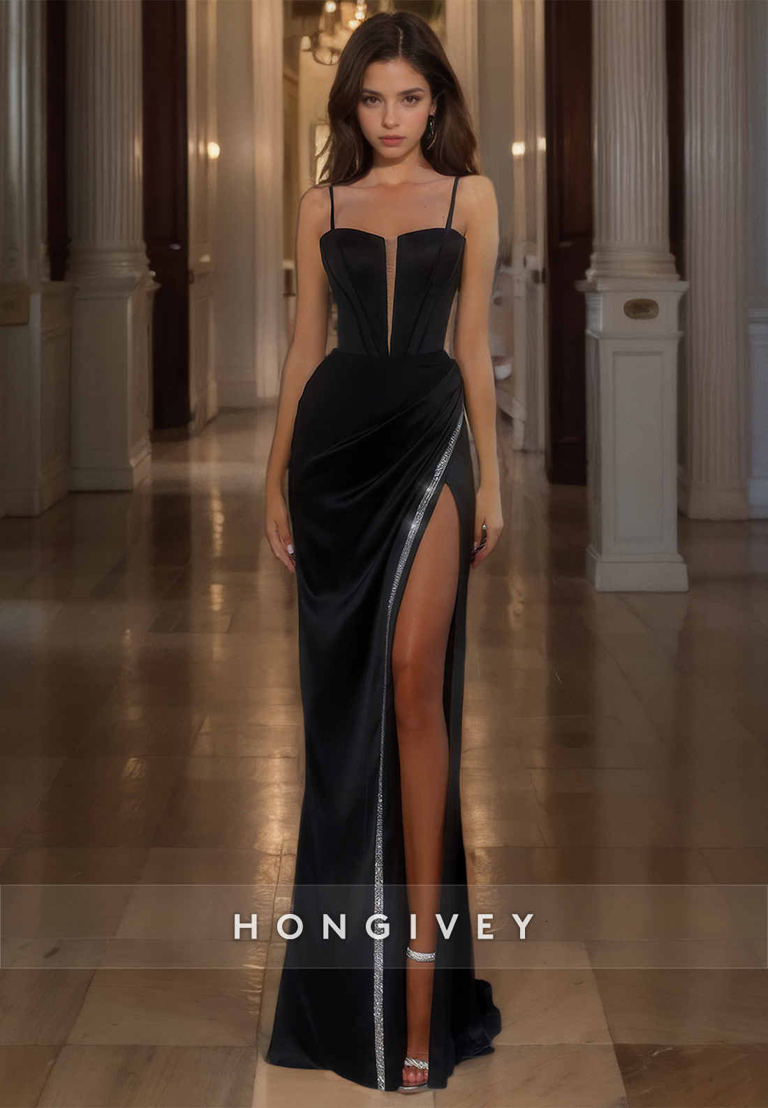 HONGIVEY Design Black Sexy Square Straps Evening Dress Formal Party Gown