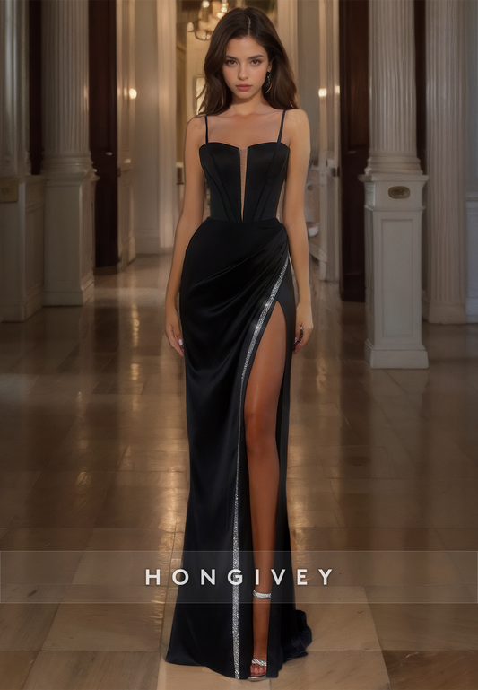 HONGIVEY Design Black Sexy Square Straps Evening Dress Formal Party Gown