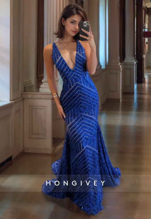 Special Blue V-Neck Sequined Mermaid Evening Dress Party Gown