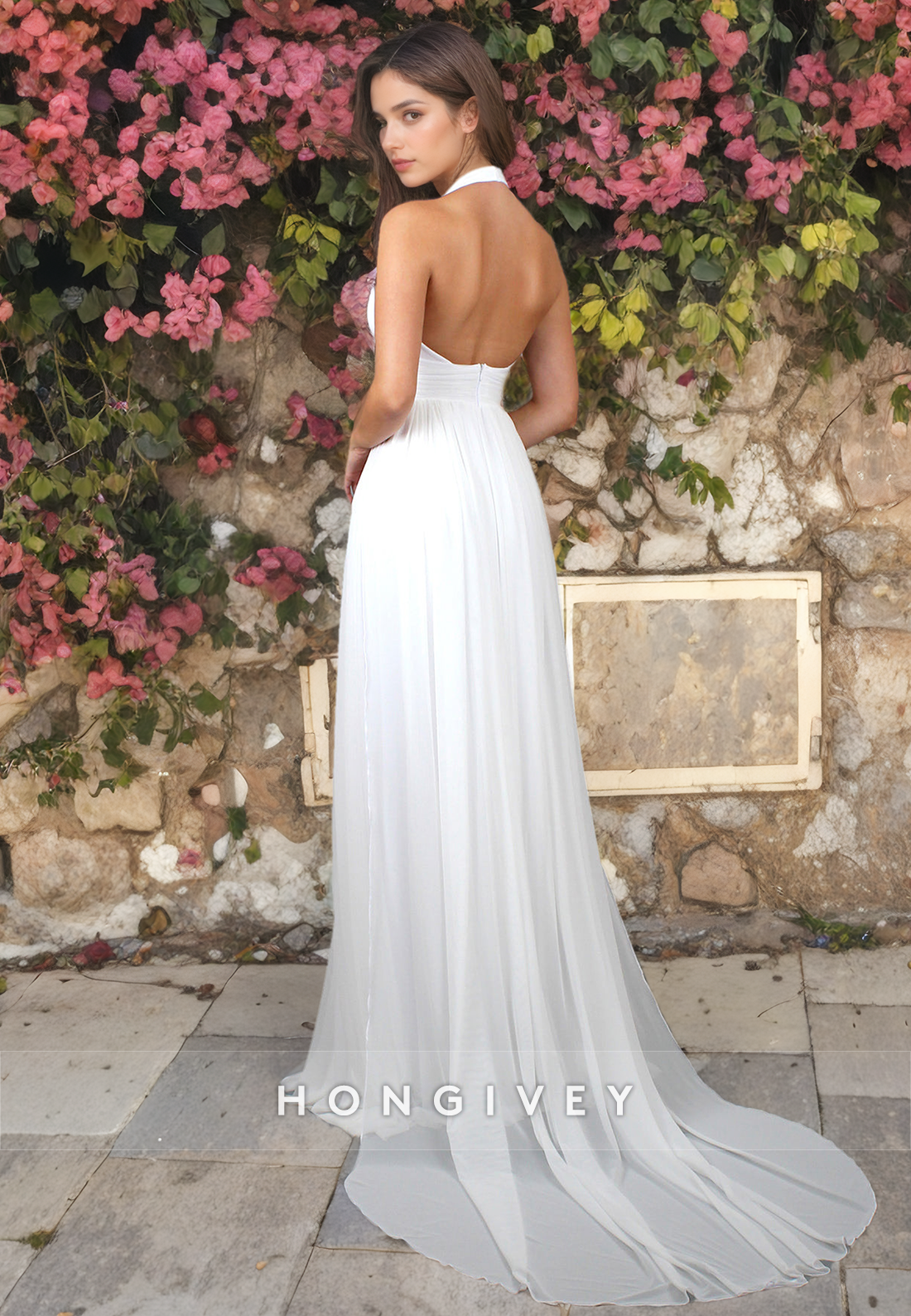 Sexy V-Neck Halter Open Back Sheath Tulle with Train Wedding Dress Bride Gown