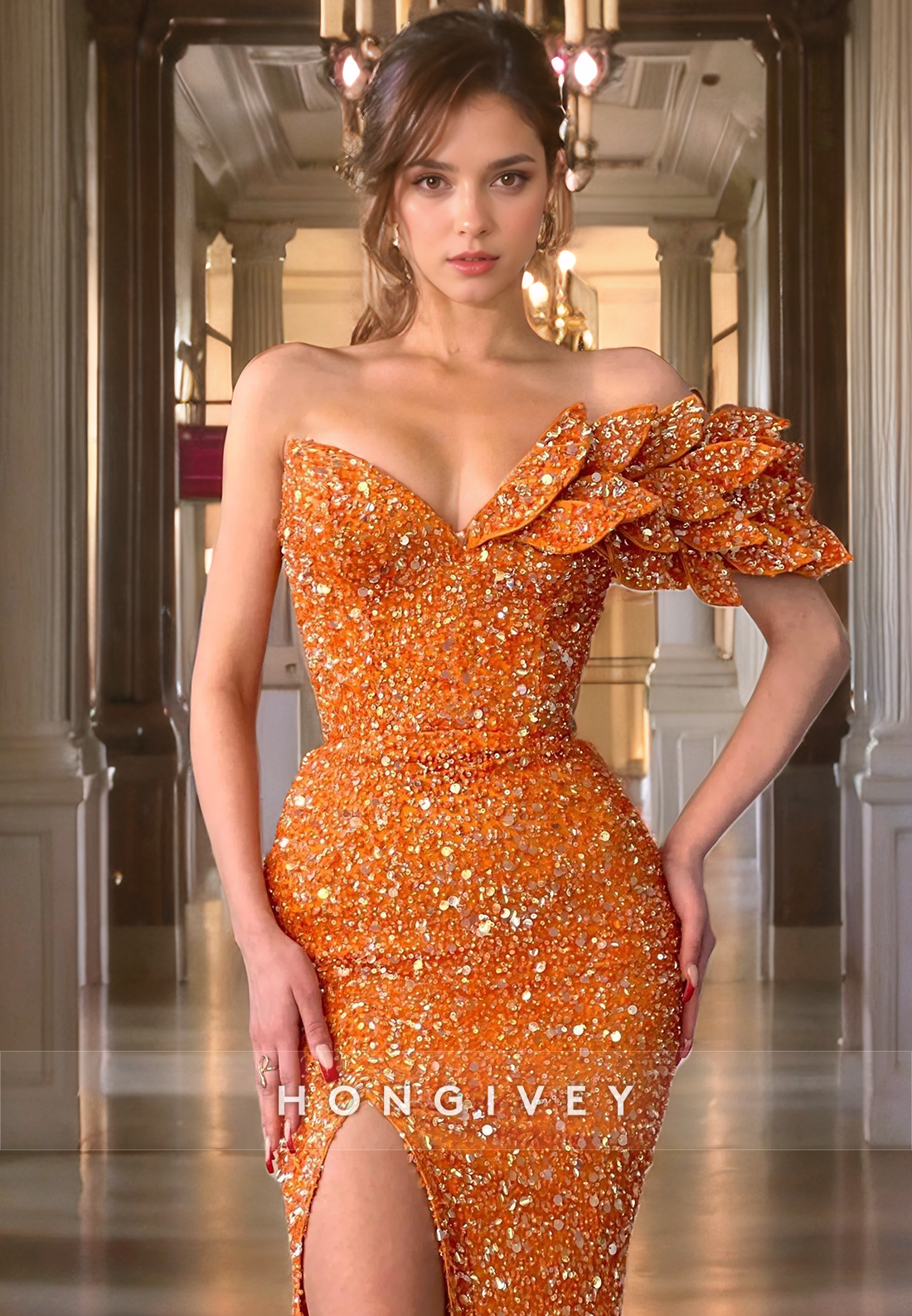 L1075 - Sparkly Fully Sequined Design Neckline Strapless With Train And Slit Party Evening Prom Formal Dress