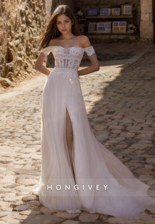 Illusion Floral Lace Embroidered With Train And Slit Long Wedding Dress