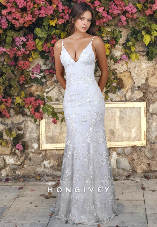 Sexy Straps Full Applique Floral Trumpet V-Neck Wedding Dress Bride Gown HONGIVEY