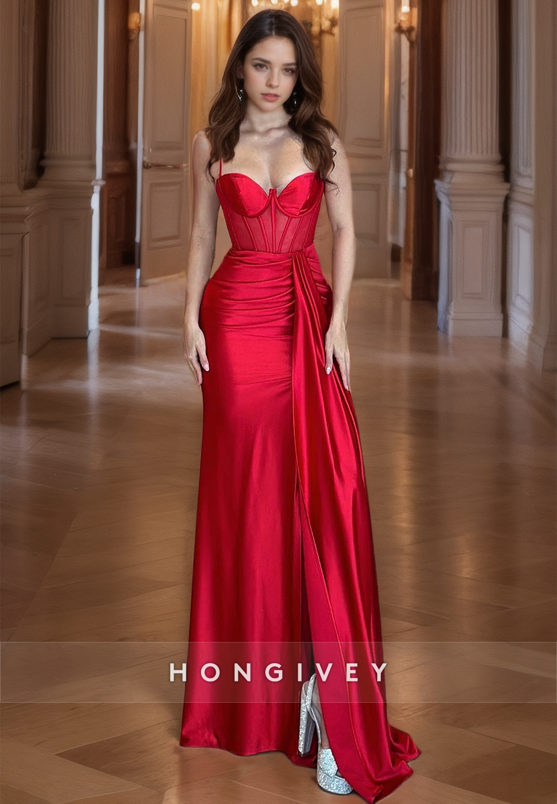 Hot Red Sweetheart Spaghetti Straps Illusion With Side Slit Party Prom Evening Dress