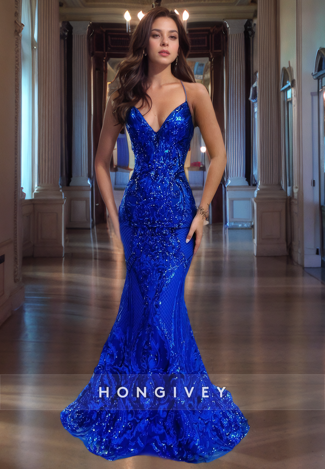 Sexy Open Back Lace UP Mermaid Evening Dress Royal Blue Applique Party Gown