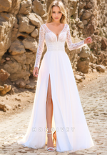 Elegant A-Line V-Neck Long Sleeve With Side Slit Boho Wedding Dress