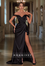 Satin Off-Shoulder Sleeveless  Ruched With Side Slit Party Prom Evening Dress