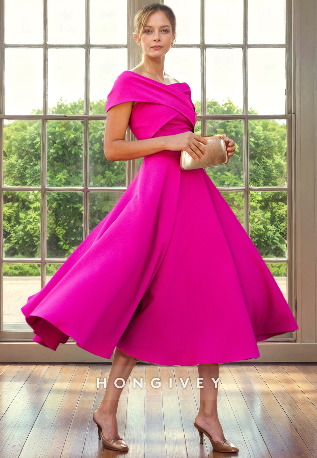 A-Line Off-Shoulder Sleeveless Ruched Tea-Length Cocktail Evening Dress