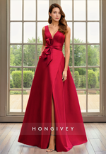 Satin A-Line V-Neck Empire Sleeveless With Slit Mother of the Bride Dress