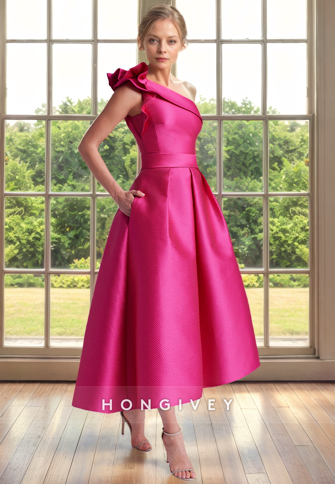 HM297 - A-Line One Shoulder Sleeveless With Pockets Mother of the Bride Dress