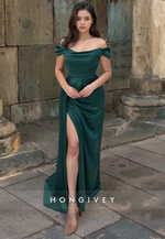 Classic Bateau Off-Shoulder with Slit Formal Party Gown Evening Dress HONGIVEY