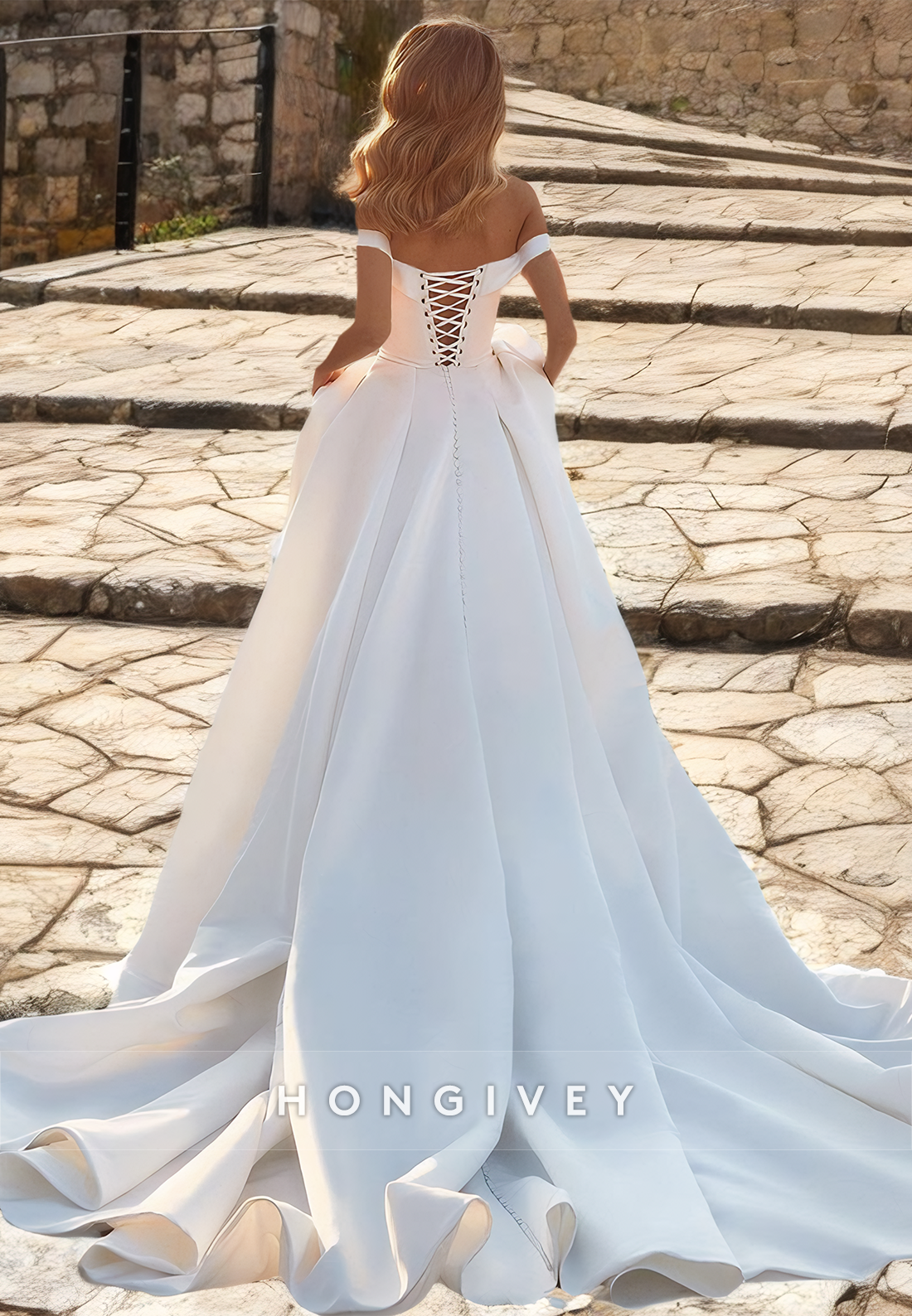 Sexy Satin A-Line Off-Shoulder Empire Ruched With Train Wedding Dress