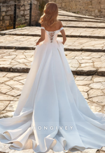 Sexy Satin A-Line Off-Shoulder Empire Ruched With Train Wedding Dress