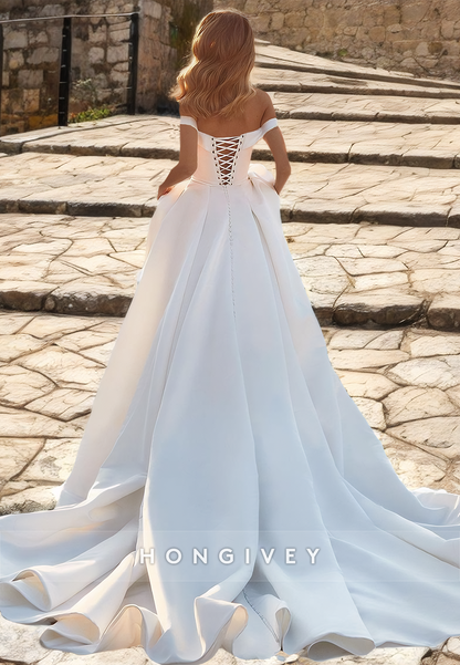 Sexy Satin A-Line Off-Shoulder Empire Ruched With Train Wedding Dress