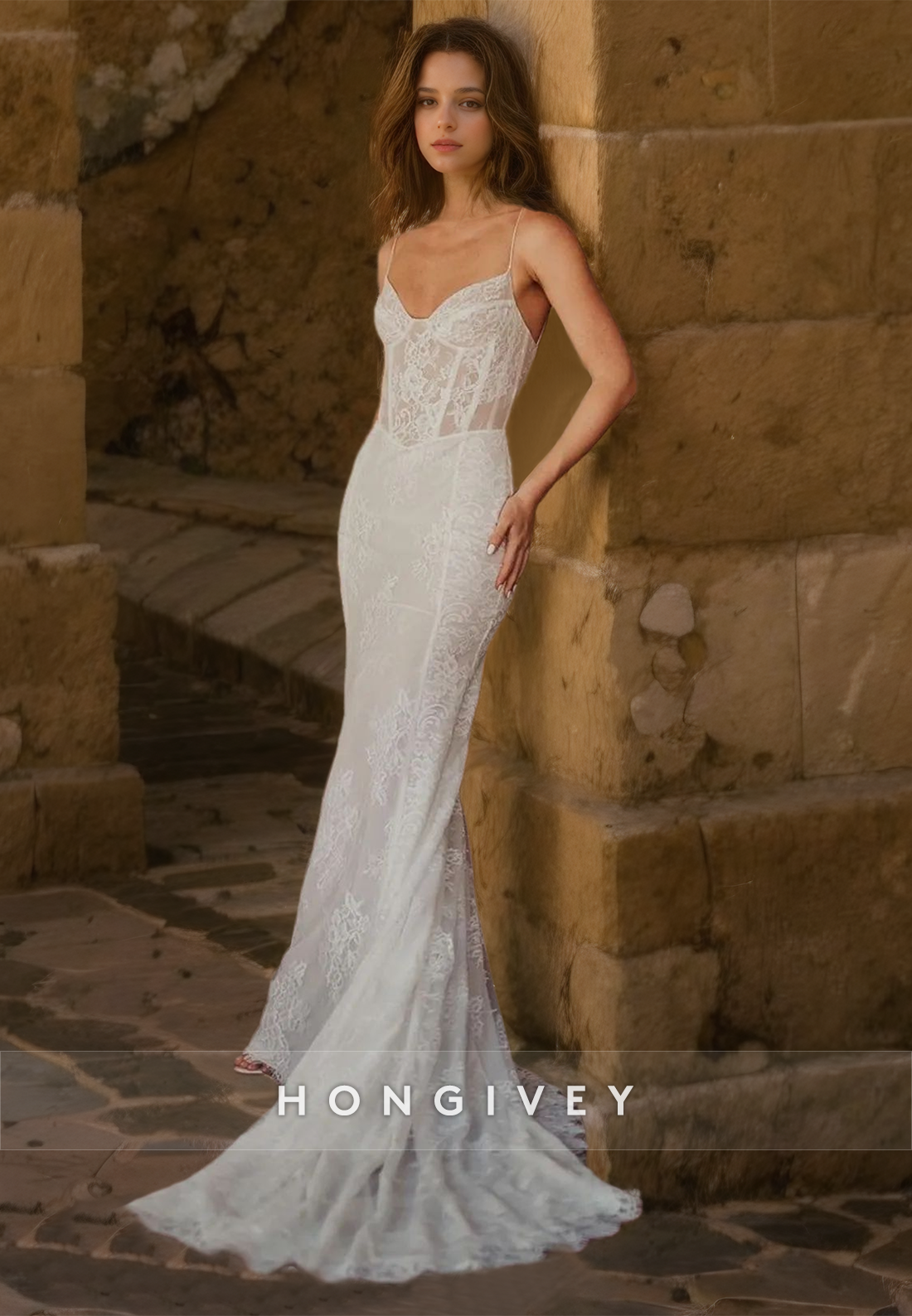 HONGIVEY Applique Mermaid Wedding Dress with Train Straps Fitted Bride Gown