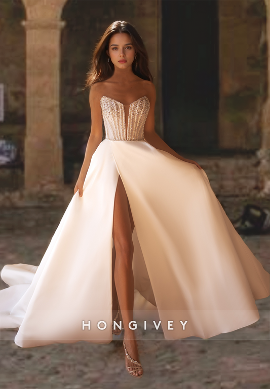 Sexy Strapless Side Slit Beaded Applique A-Line Satin Wedding Dress HONGIVEY