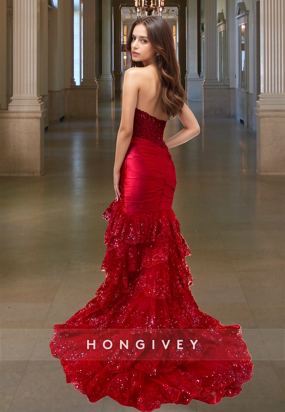 Sexy Tiered with Slit Evening Dress Stunning Red Mermaid Prom Gown