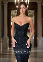 Simple Black V-Neck Sequined Fitted Mermaid with Train Evening Dress