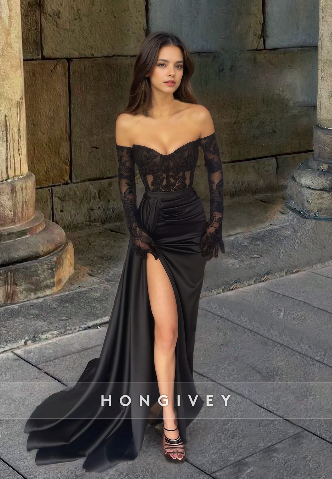 HONGIVEY Elegant Black Long Sleeves Evening Dress Lace Applique Side Slit Formal Party Gown