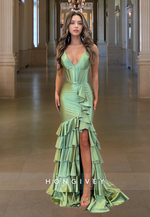 Sexy V-Neck Ruffles Dusty Sage with Slit Formal Evening Party Prom Dress